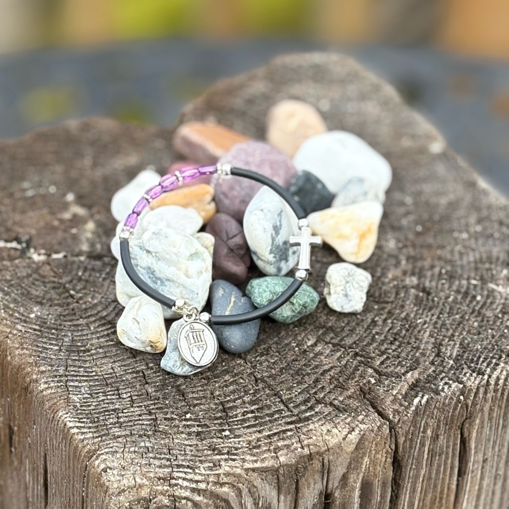 St. Anthony Bracelet w/ acrylic beads approximately 6 1/4”